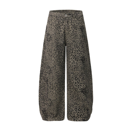Leopard Print Curved Straight Wide Leg Denim Jeans WN25675