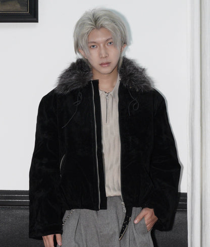 Detachable Fake Fur-Collar Suede Zipper Jacket WN22170