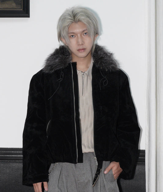 Detachable Fake Fur-Collar Suede Zipper Jacket WN22170