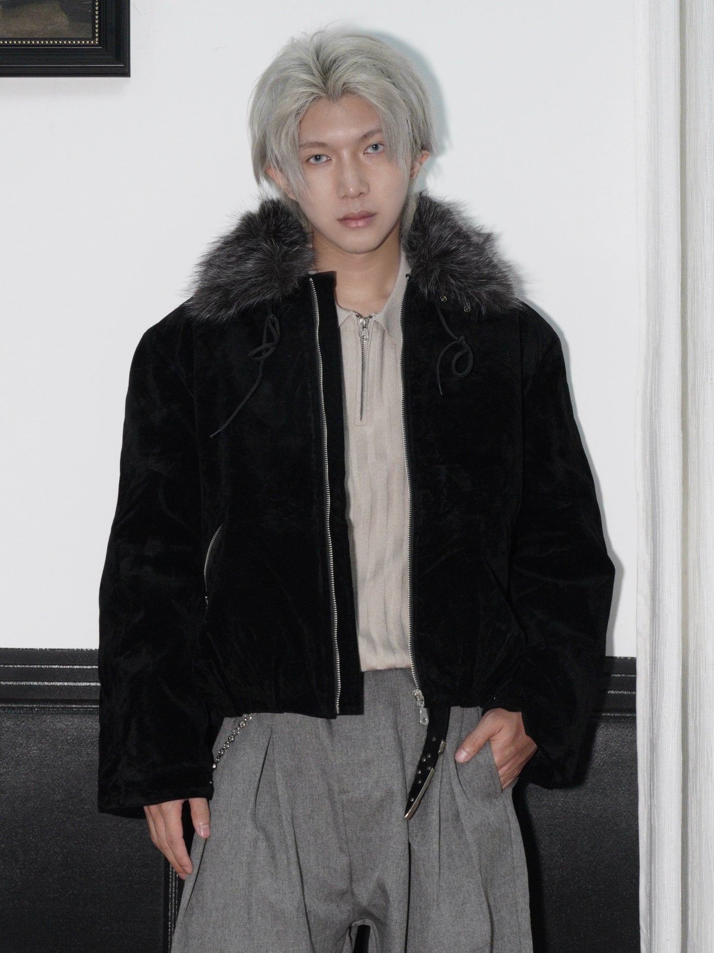 Detachable Fake Fur-Collar Suede Zipper Jacket WN22170