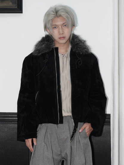 Detachable Fake Fur-Collar Suede Zipper Jacket WN22170