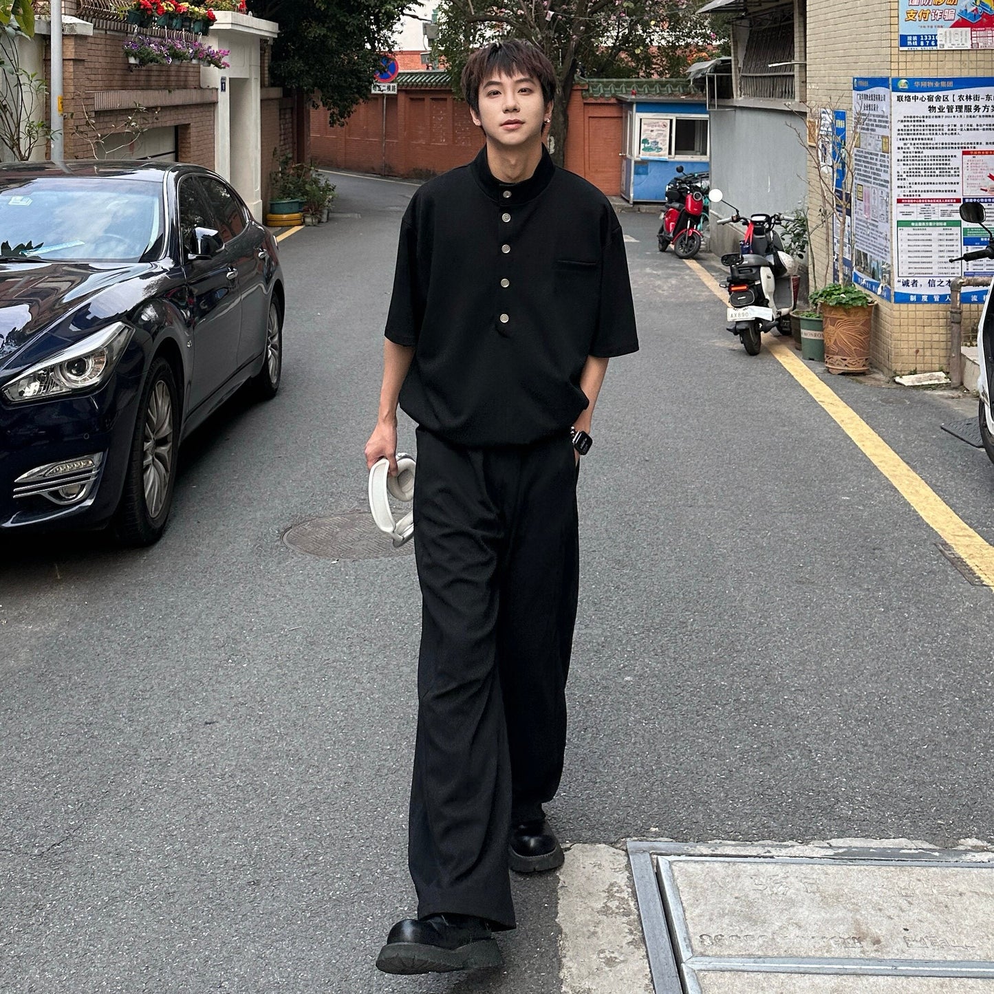 Standing-Collar Button Short Sleeve T-Shirt & Wide Leg Sweatpants Setup WN25303
