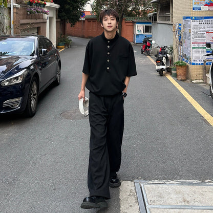 Standing-Collar Button Short Sleeve T-Shirt & Wide Leg Sweatpants Setup WN25303