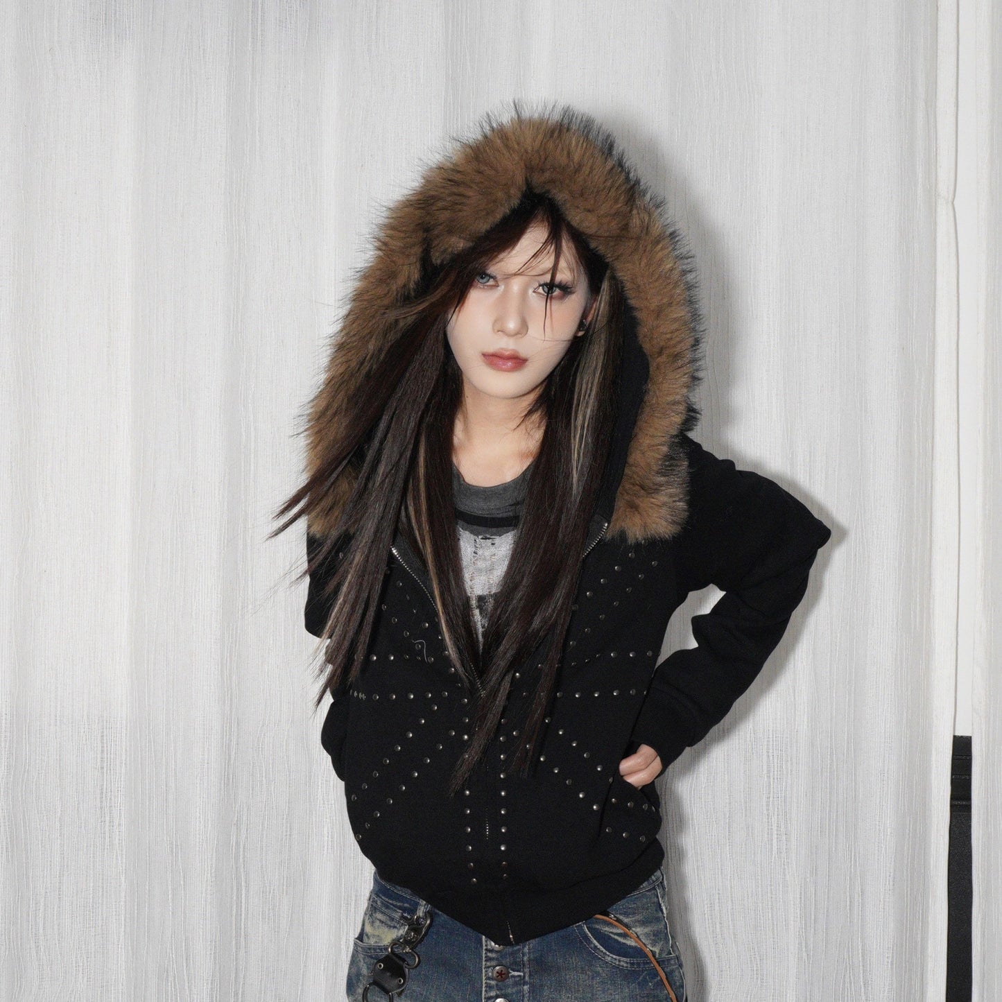 Fake Pearl Studs Detachable Fur Collar Oversize Zipper Hoodie WN22235