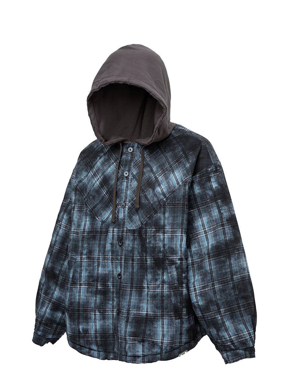 Layered Plaid Washed Hooded Puffer Jacket WN12168