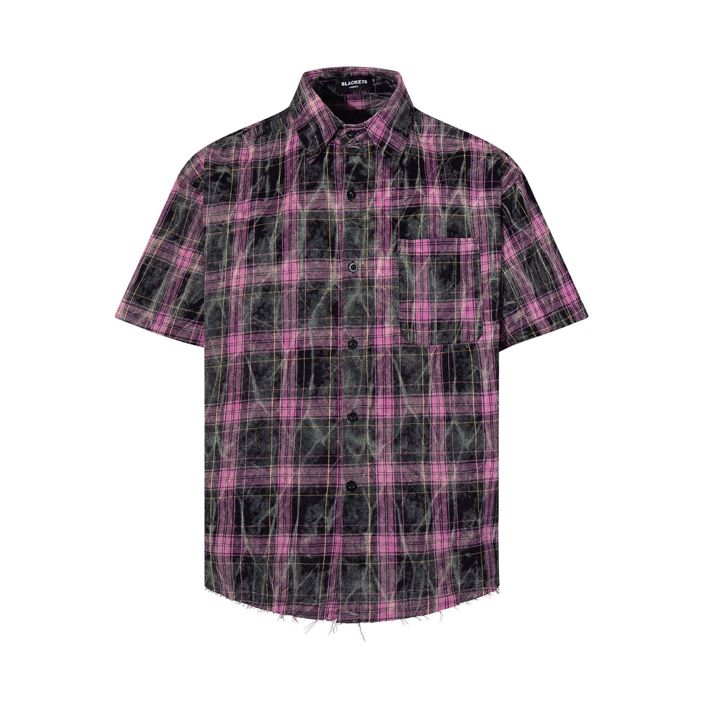 Washed Tie-Dye Plaid Short Sleeve Shirt WN25748