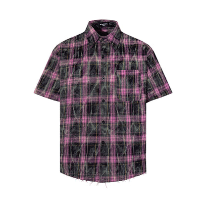 Washed Tie-Dye Plaid Short Sleeve Shirt WN25748