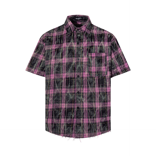 Washed Tie-Dye Plaid Short Sleeve Shirt WN25748