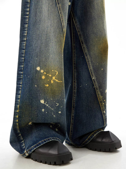 Paint-Splatter Wide-Leg Straight Denim Jeans WN10420