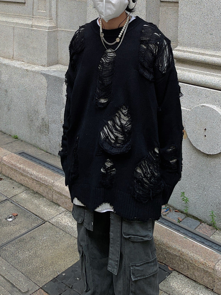 Hole Design Fake Layered Oversize Knit Sweater WN24385