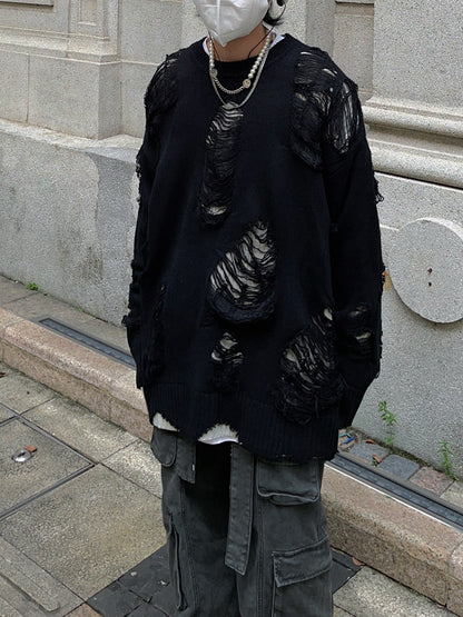 Hole Design Fake Layered Oversize Knit Sweater WN24385