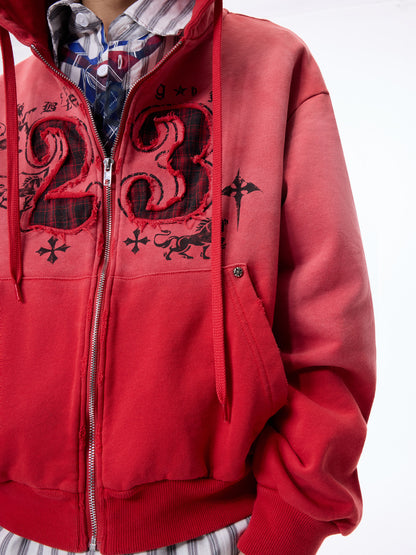 Washed Number Graphic Print Zipper Hoodie WN27261