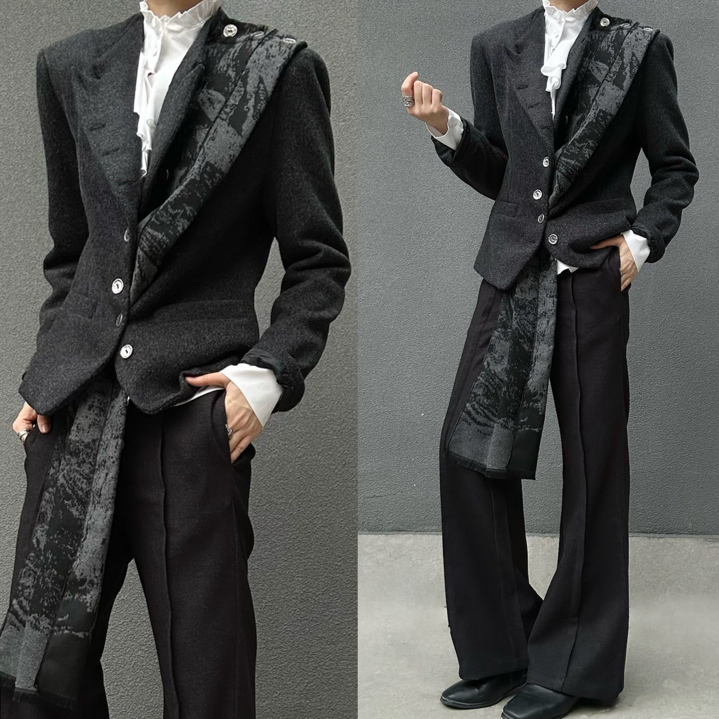 Wool Standing-Collar Button-Front Tailored Jacket & Design Shawl Set WN23141