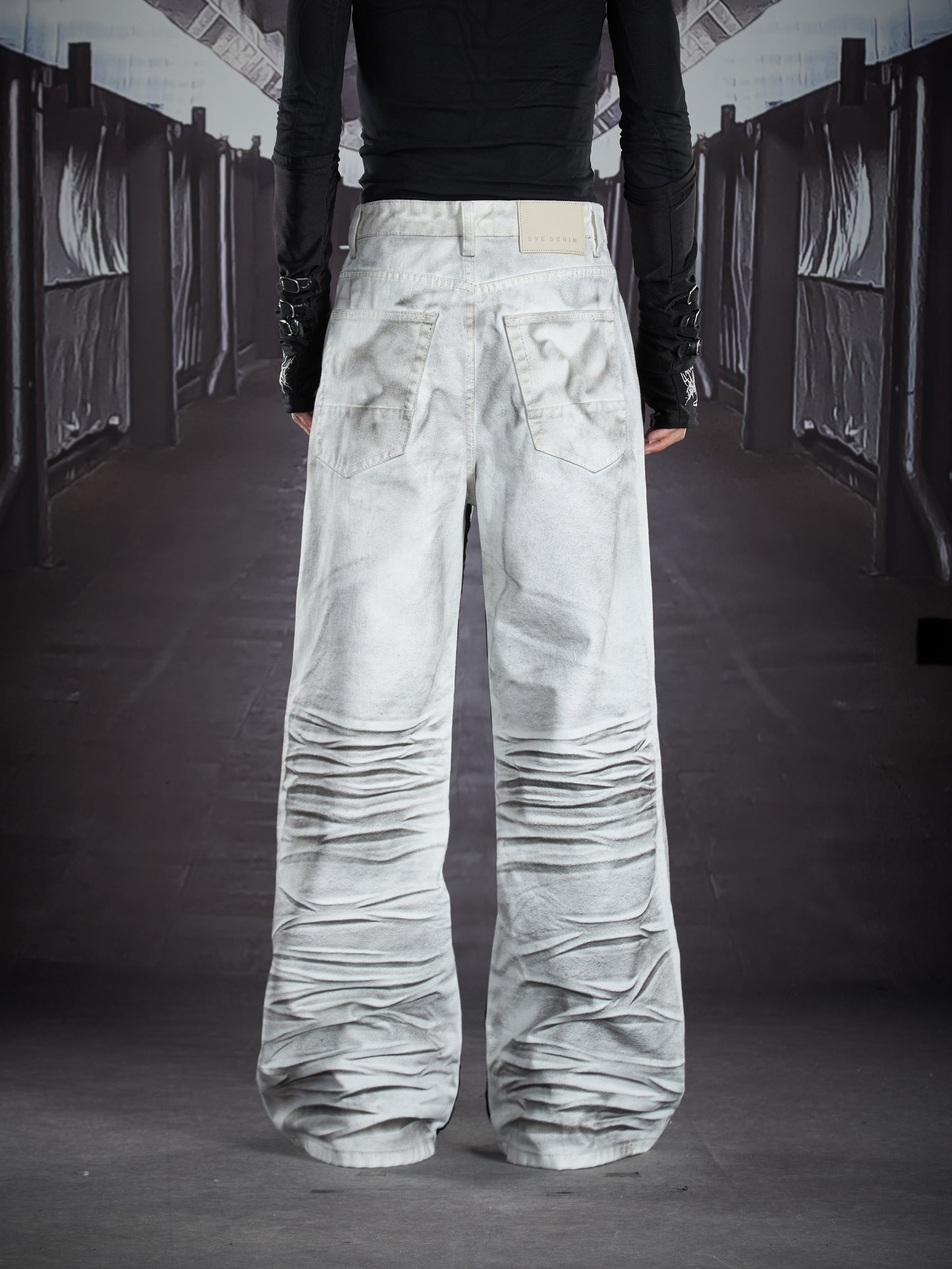 Hand Paint Whisker Honeycomb Wash Patchwork Straight Denim Jeans WN22907