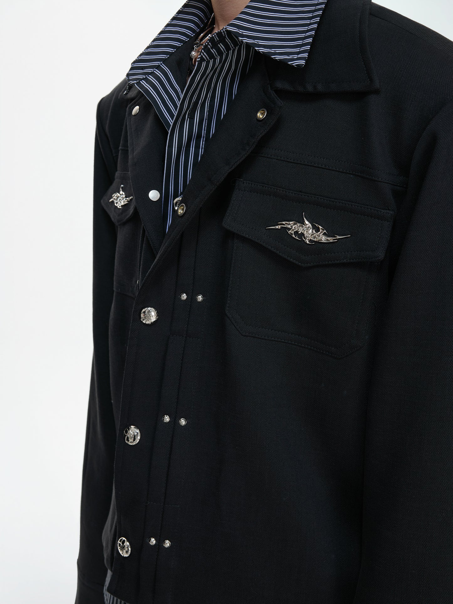 Stripe Fake Layered Metal Button Short Jacket WN23308