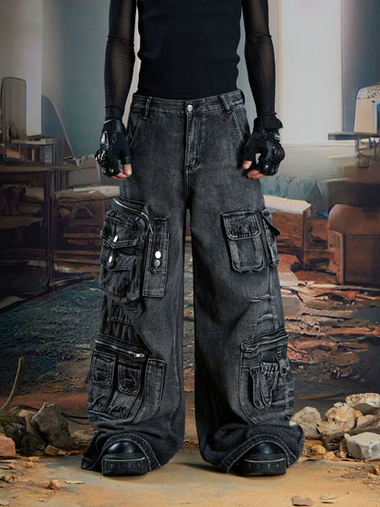 Multi-Pocket Washed Wide Leg Cargo Denim Jeans WN21341