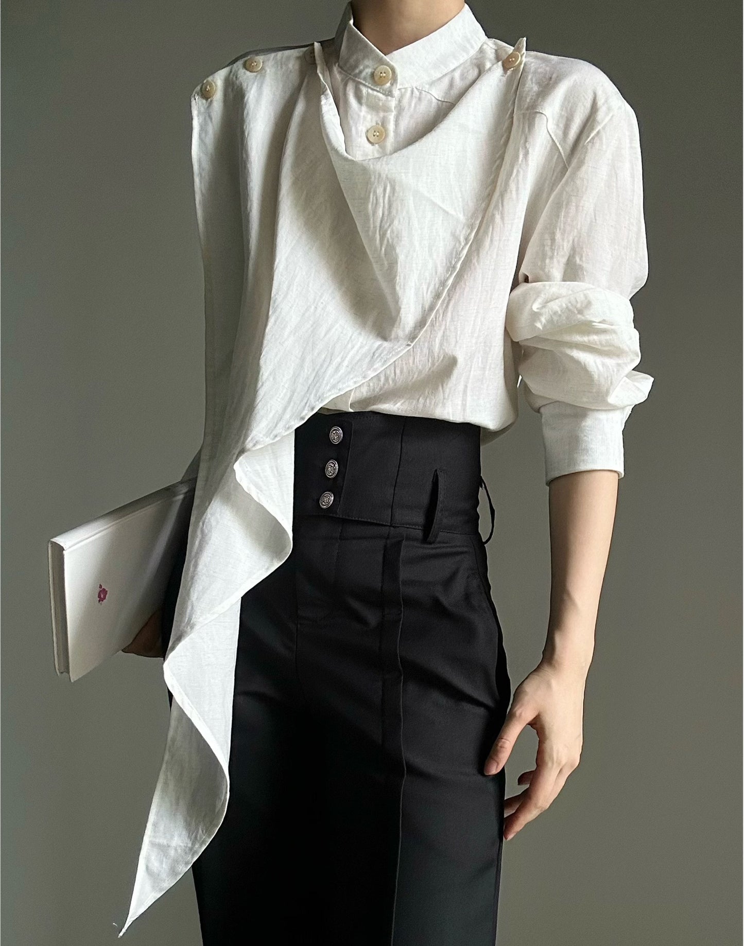 Standing-Collar Asymmetric Drape Long Sleeve Shirt WN23132