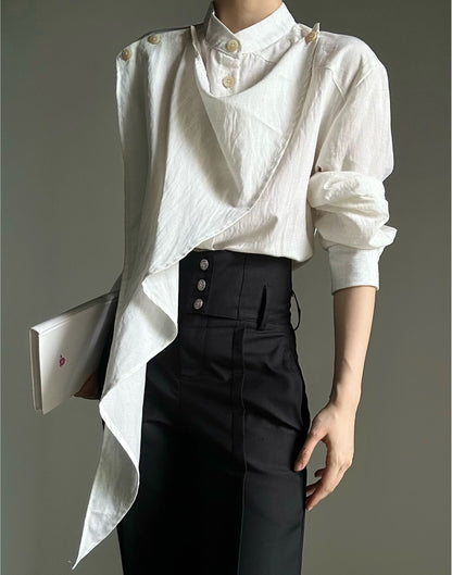 Standing-Collar Asymmetric Drape Long Sleeve Shirt WN23132