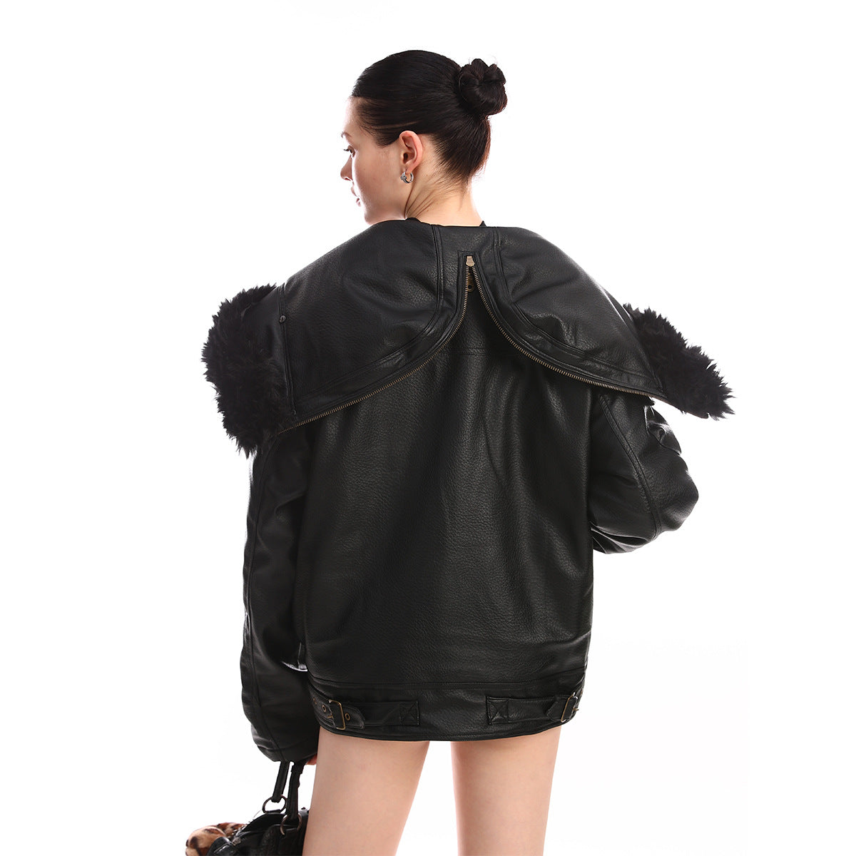 Hooded Fake Fur Collar PU Leather Jacket WN21885