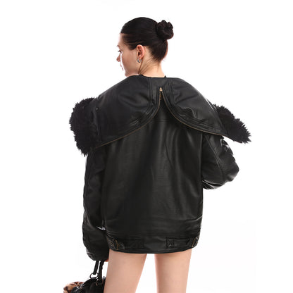 Hooded Fake Fur Collar PU Leather Jacket WN21885