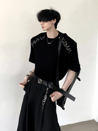Metal Pin Shoulder-pad Oversize Short Sleeve T-Shirt WN20356