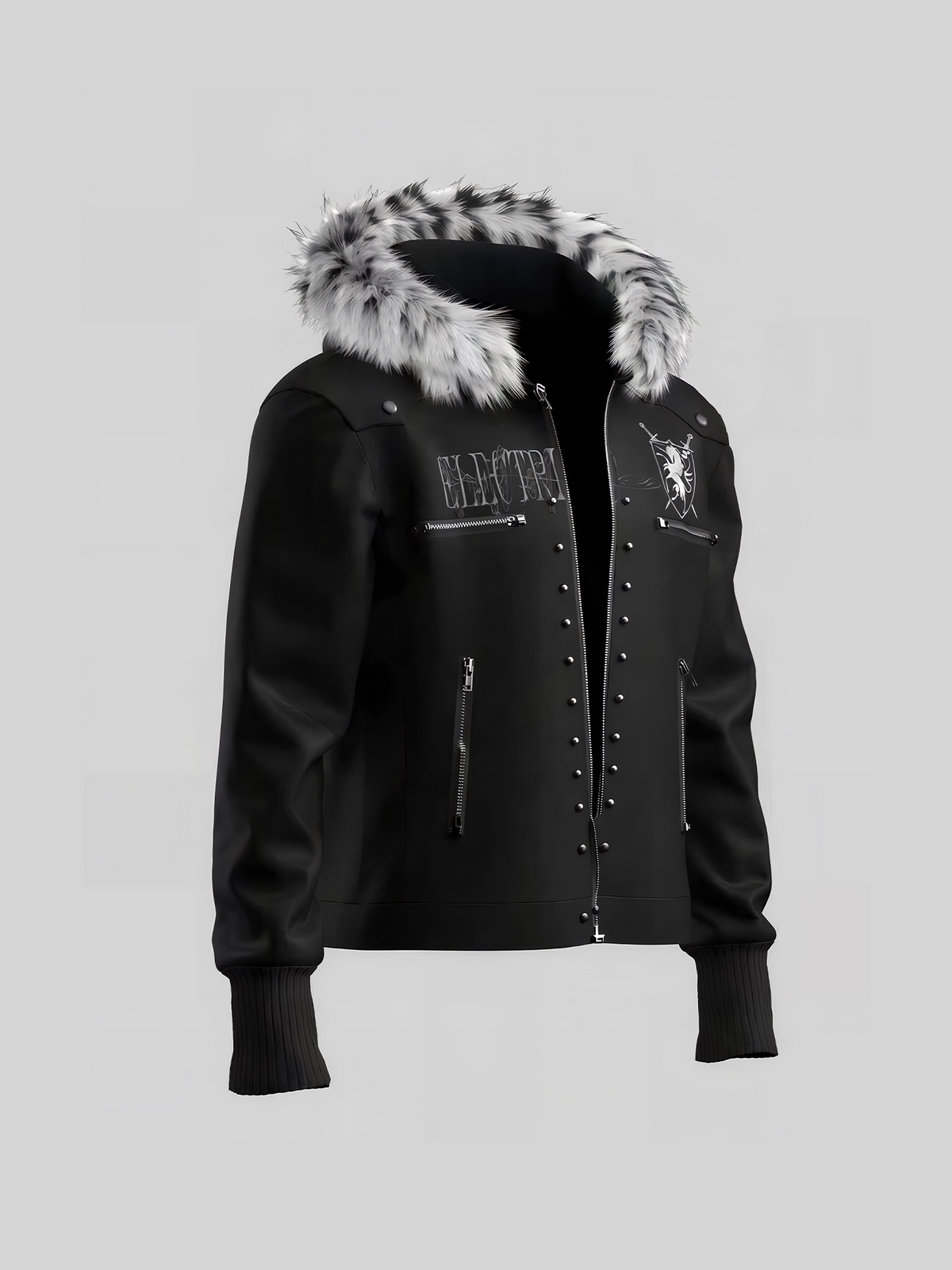 Leopard Fake Fur Collar Shield Emblem Hooded Jacket WN27112