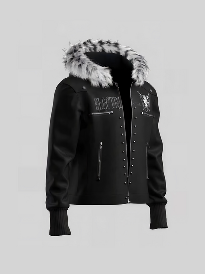Leopard Fake Fur Collar Shield Emblem Hooded Jacket WN27112