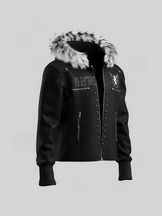Leopard Fake Fur Collar Shield Emblem Hooded Jacket WN27112