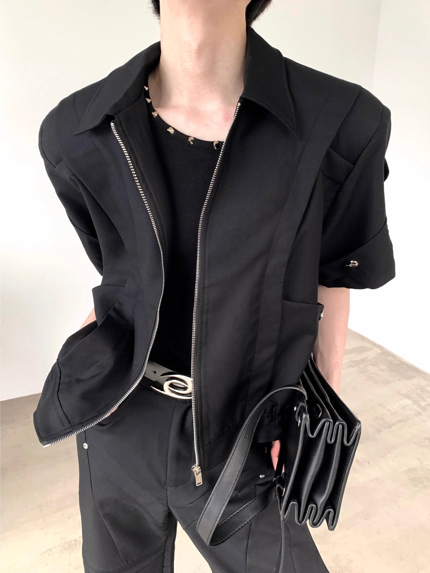 Stand Neck Short Sleeve Zipper Shoulder Pad Jacket WN7062