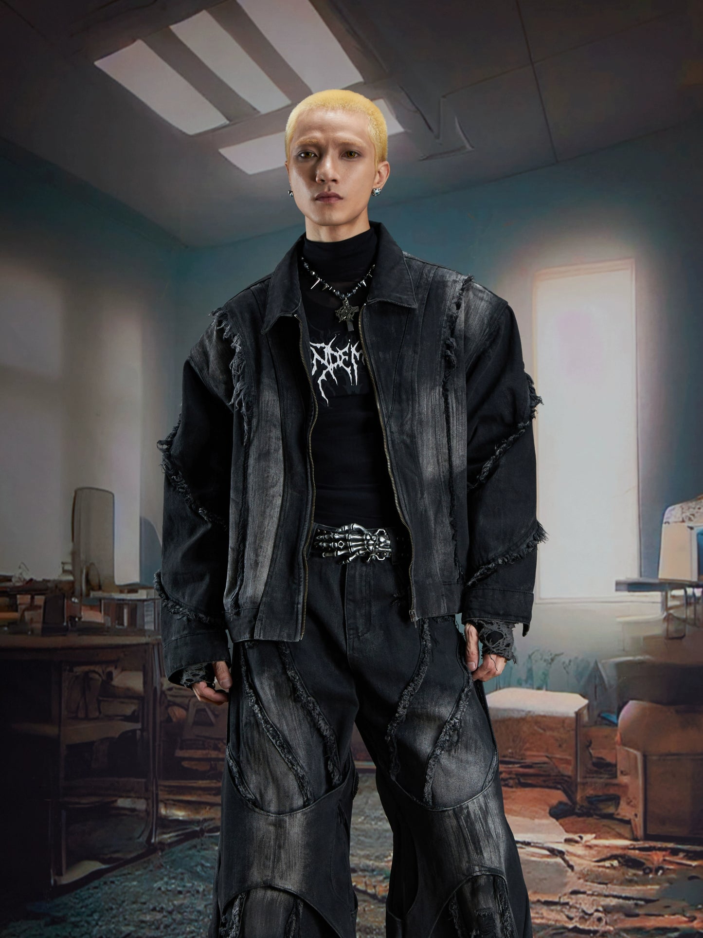 Washed Ribbon Splicing Denim Jacket & Flare Cargo Denim Jeans Setup WN21338