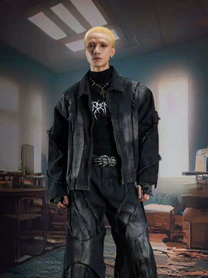 Washed Ribbon Splicing Denim Jacket & Flare Cargo Denim Jeans Setup WN21338