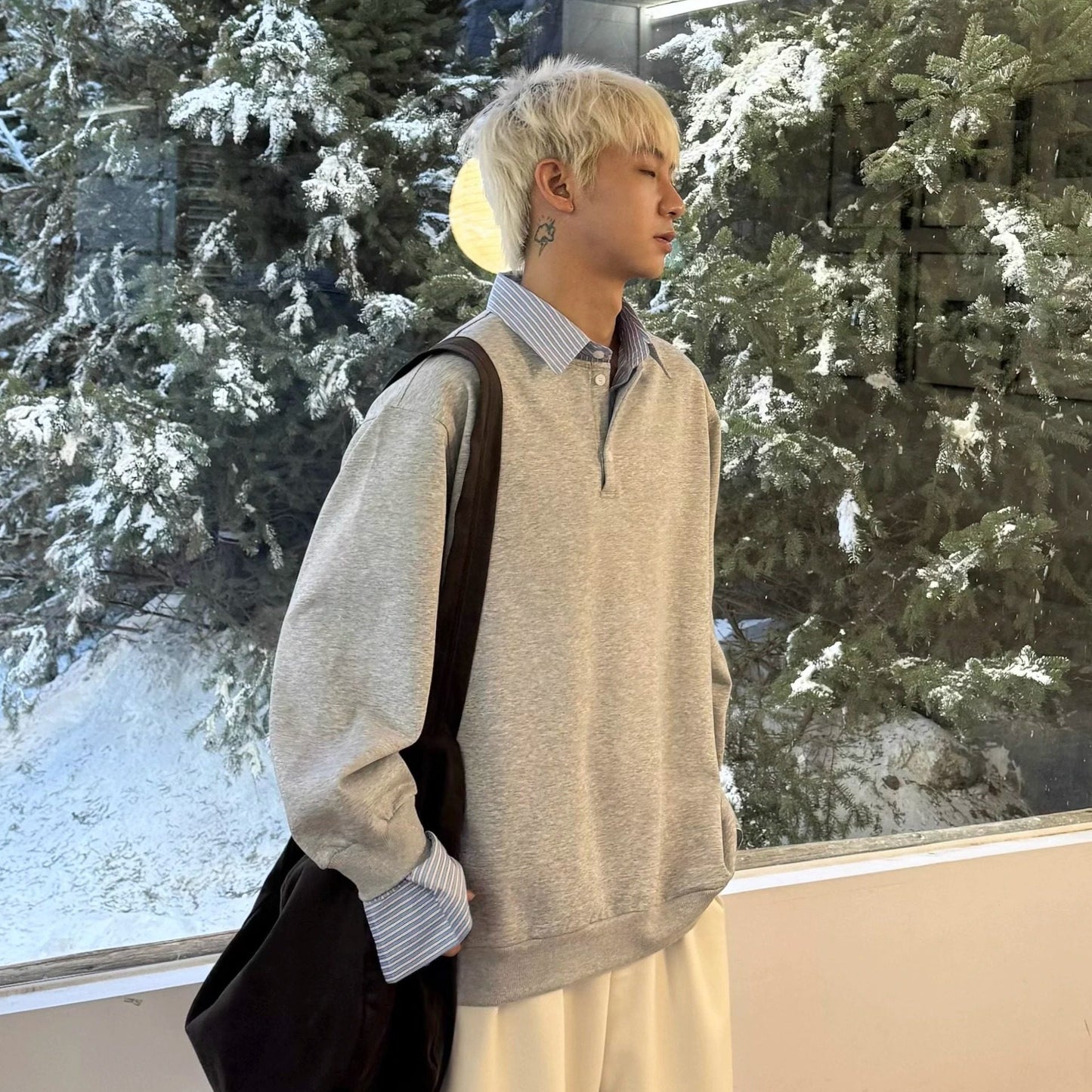 Fake Layered Striped Shirt-Collar Fleece Lining Oversize Long Sleeve T-Shirt WN25251