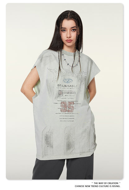 Washed Damage Print Oversize Tank Top T-shirt WN6391