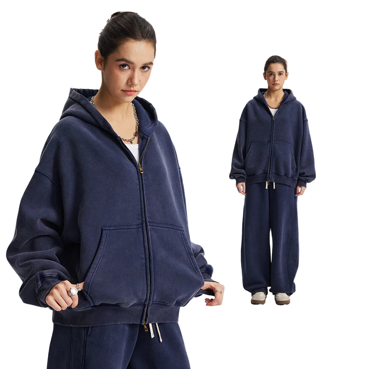 Fleece Lining Zip-Up Wax Dye Zipper Hoodie & Wide Leg Pants Sweatpants WN23112