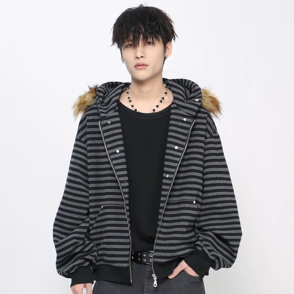 Stripe Detachable Fur Collar Zipper Hoodie WN21027
