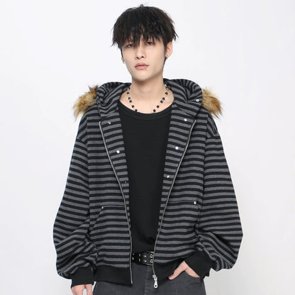 Stripe Detachable Fur Collar Zipper Hoodie WN21027