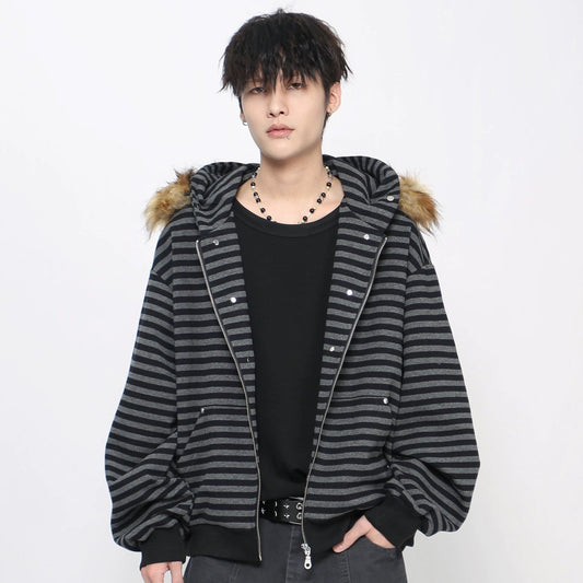 Stripe Detachable Fur Collar Zipper Hoodie WN21027