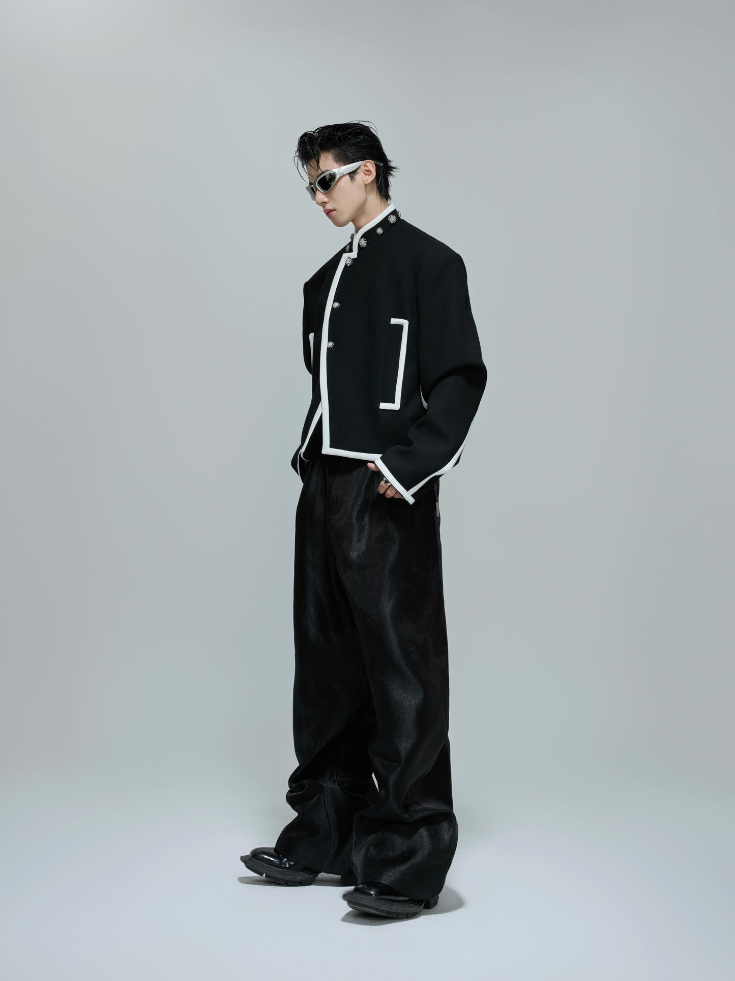 Standing-Collar Colorblock Shoulder-Pad Short Jacket WN21690