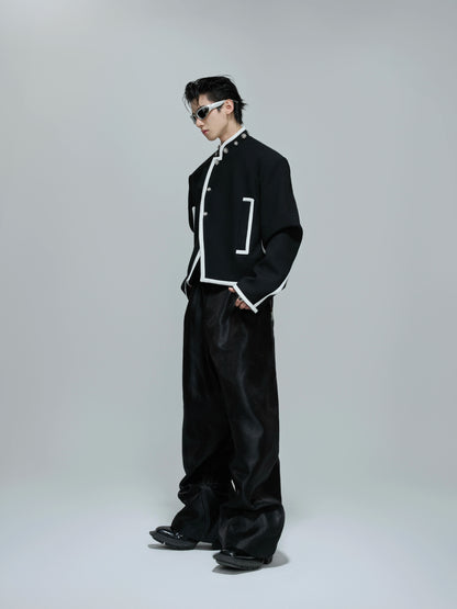 Standing-Collar Colorblock Shoulder-Pad Short Jacket WN21690