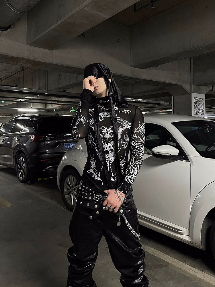 Mesh See-Through High-Neck Long Sleeve T-Shirt WN16309