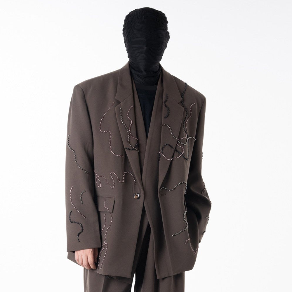 Studs Wave Design Tailored Jacket & Wide Pleats Trousers Setup WN23621