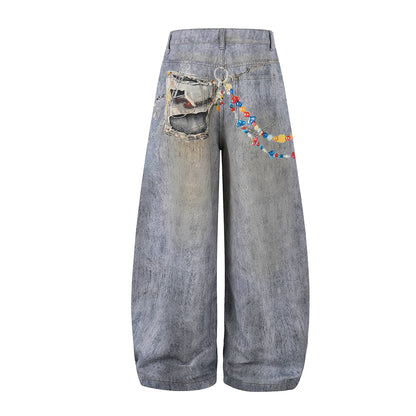 Washed Damage Embroidery Wide Leg Denim Jeans WN25388