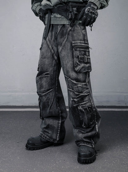 Multi Pocket Wash Damage Denim Jeans WN22308