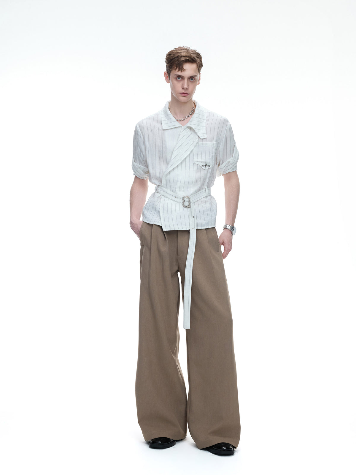 Asymmetric Stripe Waist-Tie Metal Buckle Short Sleeve Shirt WN27031