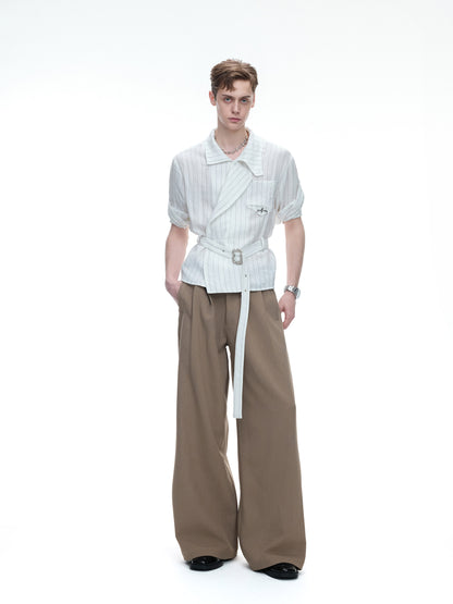 Asymmetric Stripe Waist-Tie Metal Buckle Short Sleeve Shirt WN27031