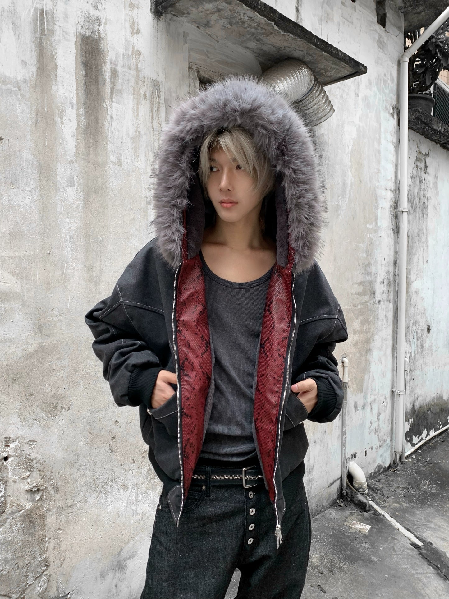 Hooded Fake Fur-Collar Zipper Short Jacket WN22217