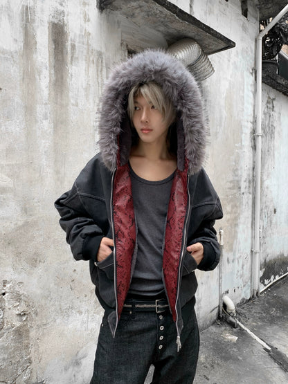 Hooded Fake Fur-Collar Zipper Short Jacket WN22217