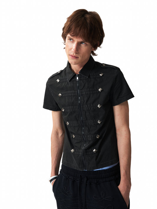 Metal Studs Zipper Short Sleeve Shirt WN27184