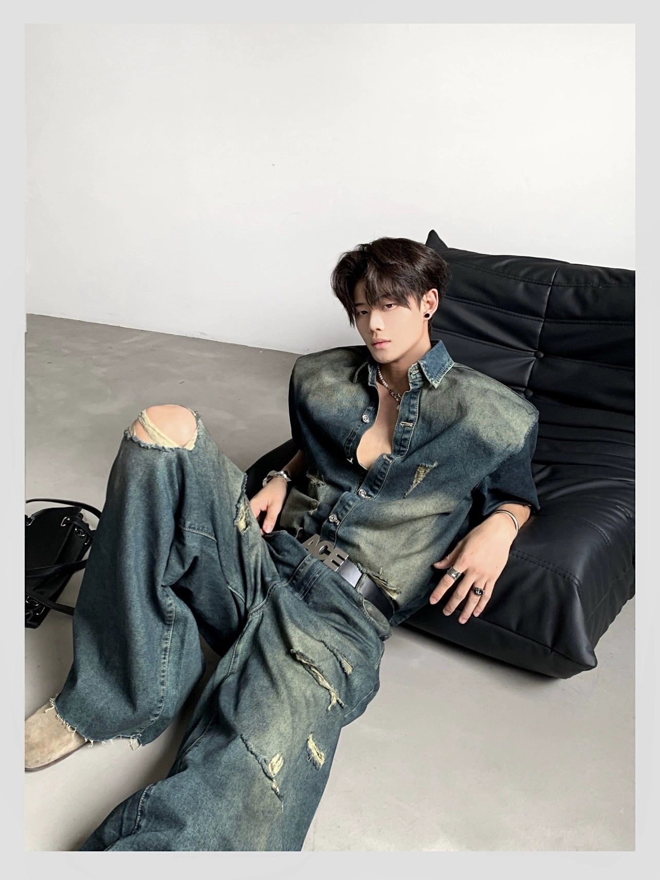 Washed Damage Wide Leg Denim Jeans & Denim Jacket Setup WN20087