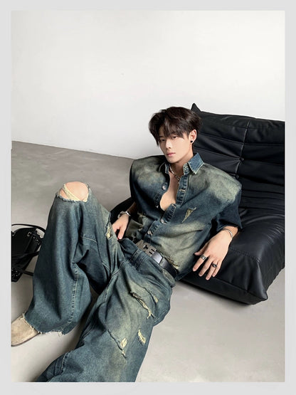 Washed Damage Wide Leg Denim Jeans & Denim Jacket Setup WN20087